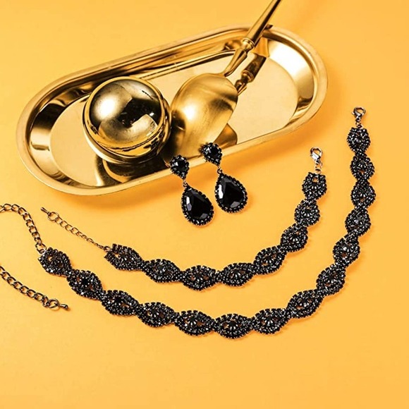 Black Silver Crystal Necklace Set CZ Cubic Rhinestone Necklace Bracelet Earrings - Picture 6 of 6